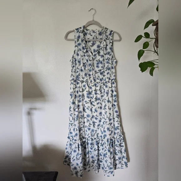 J. Crew Size 10 Womens White Blue Floral Cotton Sleeveless Maxi Dress - Picture 2 of 10